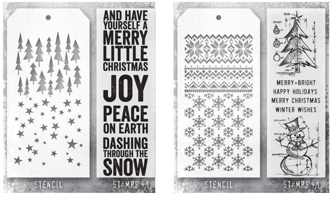 Stampers Anonymous - Tim Holtz - Bold Text Christmas Stamps with Falling Stars and Tree Lot Stencil Plus Blueprints Stencils and Winter Stamps Bundle (THMM153 and THMM158)