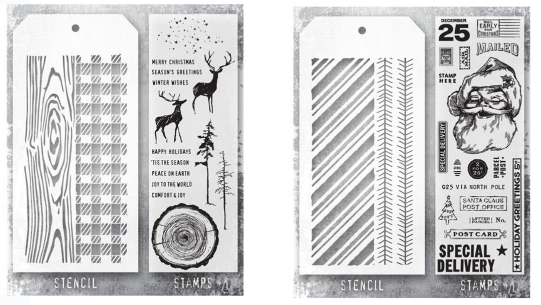 Stampers Anonymous - Tim Holtz - Santa Stamps with Peppermint and Tinsel Stencil and Great Outdoors Clear Stamps with Woodgrain and Gingham Stencil (THMM154 and THMM157)