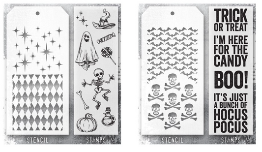 Stampers Anonymous - Tim Holtz - Halloween Doodles Stamps with Harlequin, and Sparkle Stencil with Bold Frights Stamps with Crossbones and Batground Stencil Bundle (THMM145/THMM146)