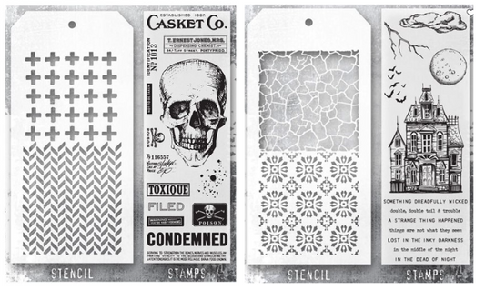 Stampers Anonymous - Tim Holtz - Rest in Peace Stamps with Herringbone and Plus Stencil with Halloween Sketch Manor Stamps with Rosette and Crackle Stencil Bundle (THMM148/THMM149)