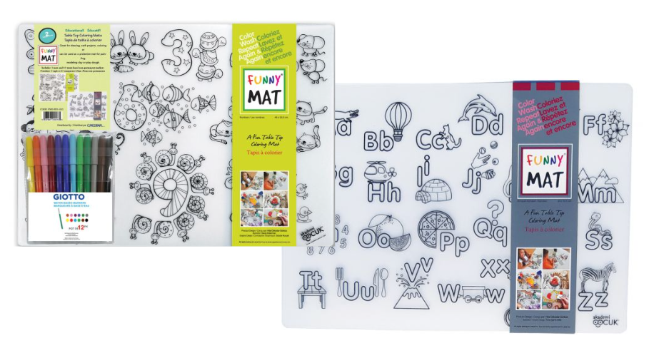 Funny Mat® - Numbers and Alphabet Reusable Table Top Reusable Coloring Mats with Giotto Markers