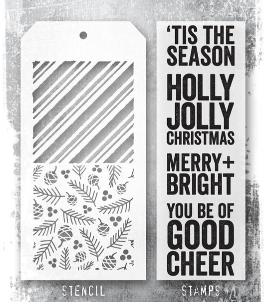 Stampers Anonymous - Tim Holtz -  Bold Tidings Clear Stamps with Peppermint & Gatherings Stencils (THMM179)