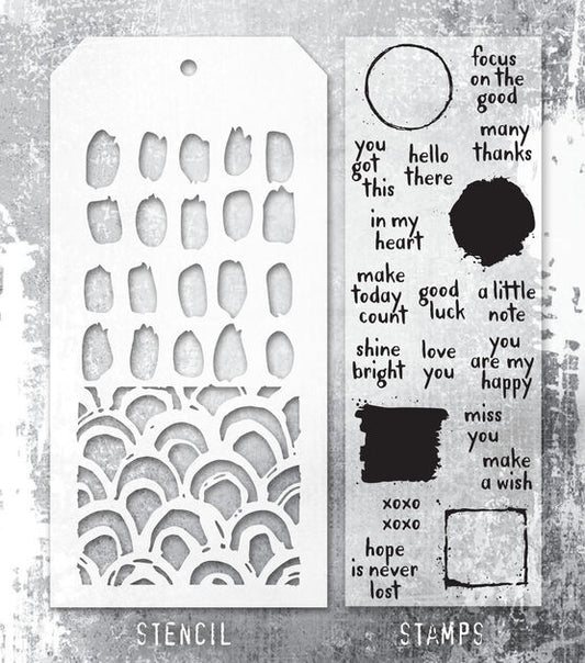 Stampers Anonymous - Tim Holtz - Note Quotes Clear Stamps with Brush Mark and Brush Arch Stencils (THMM184)