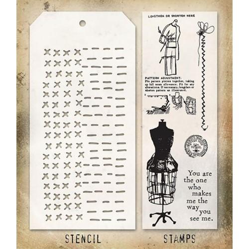 Stampers Anonymous - Tim Holtz - Haberdashery Stamps with Stitched and Dashes Stencil (THMM142)