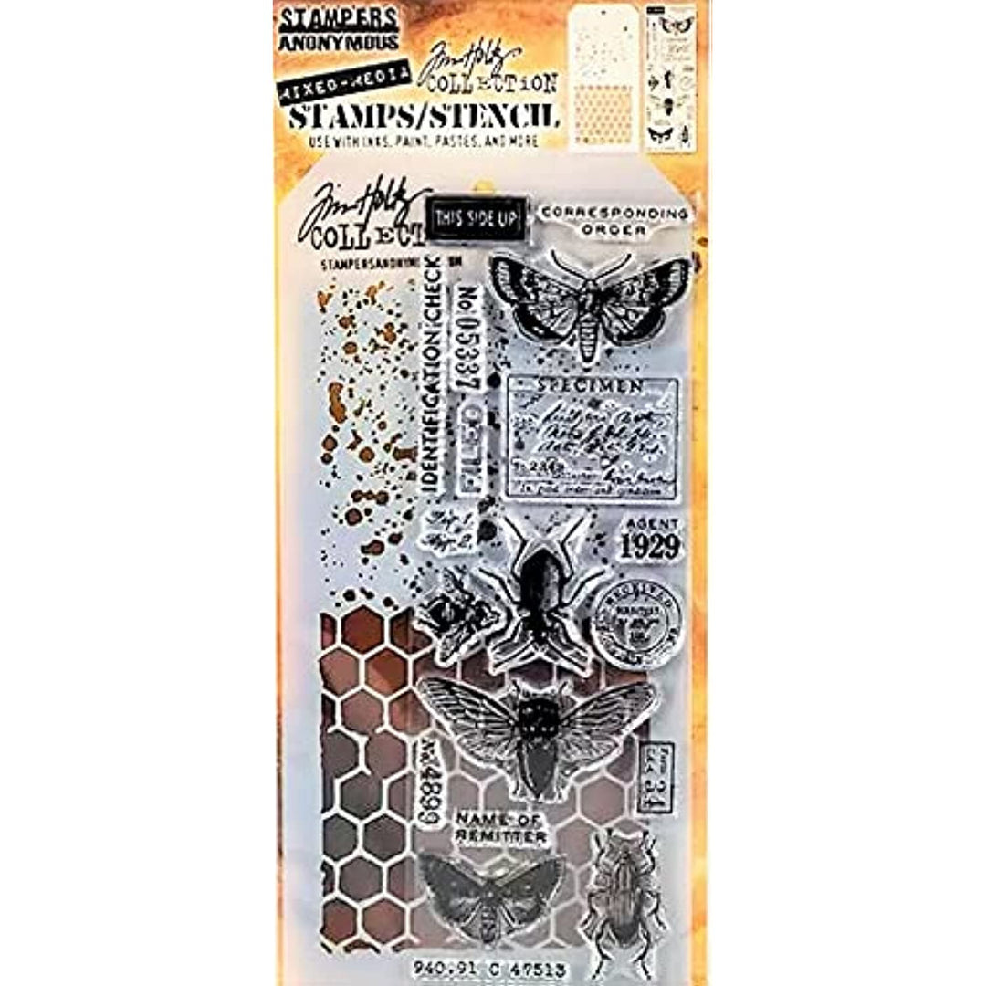 Stampers Anonymous - Tim Holtz - Insect Specimen Stamps with Honeycomb & Speckle Stencils (THMM111)