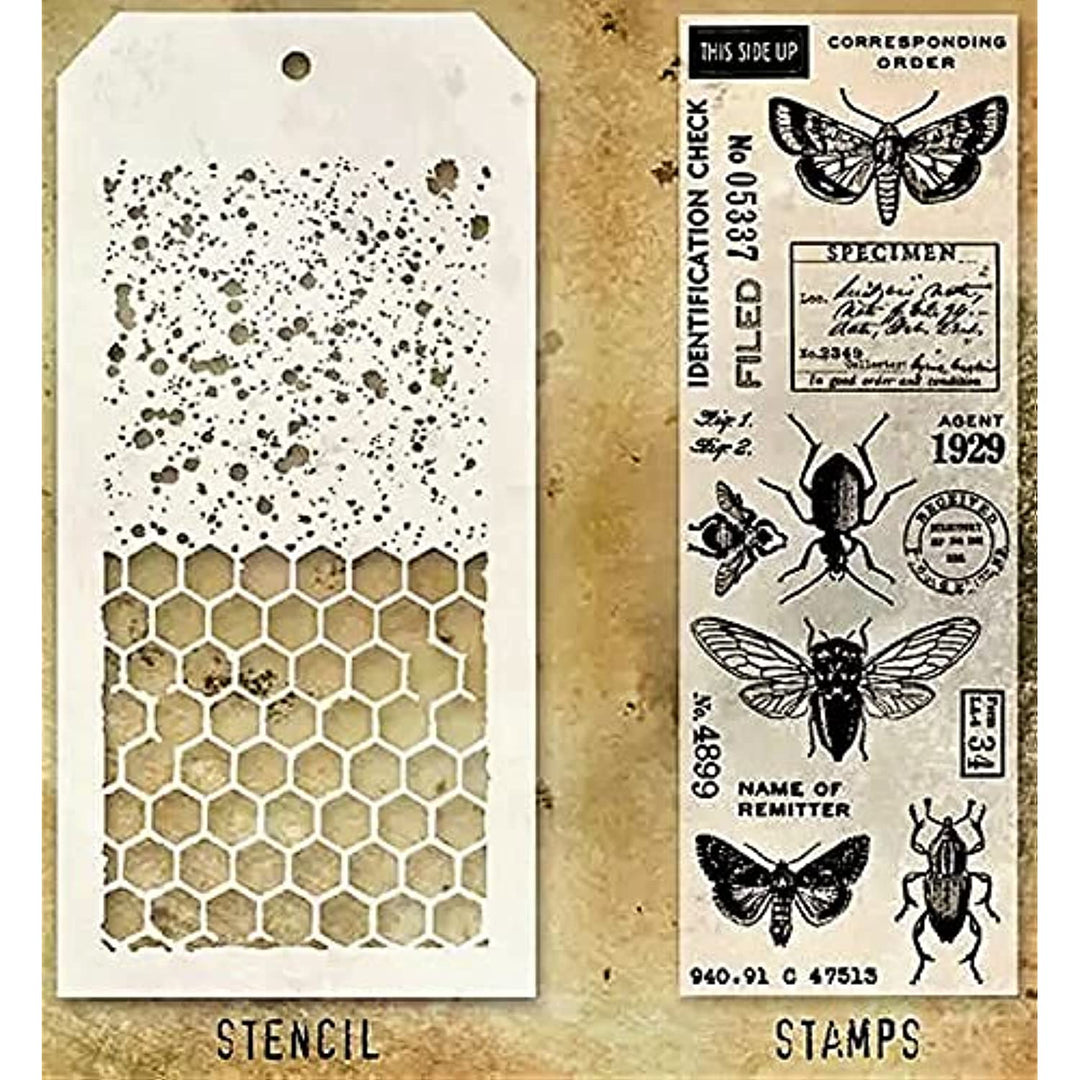 Stampers Anonymous - Tim Holtz - Insect Specimen Stamps with Honeycomb & Speckle Stencils (THMM111)