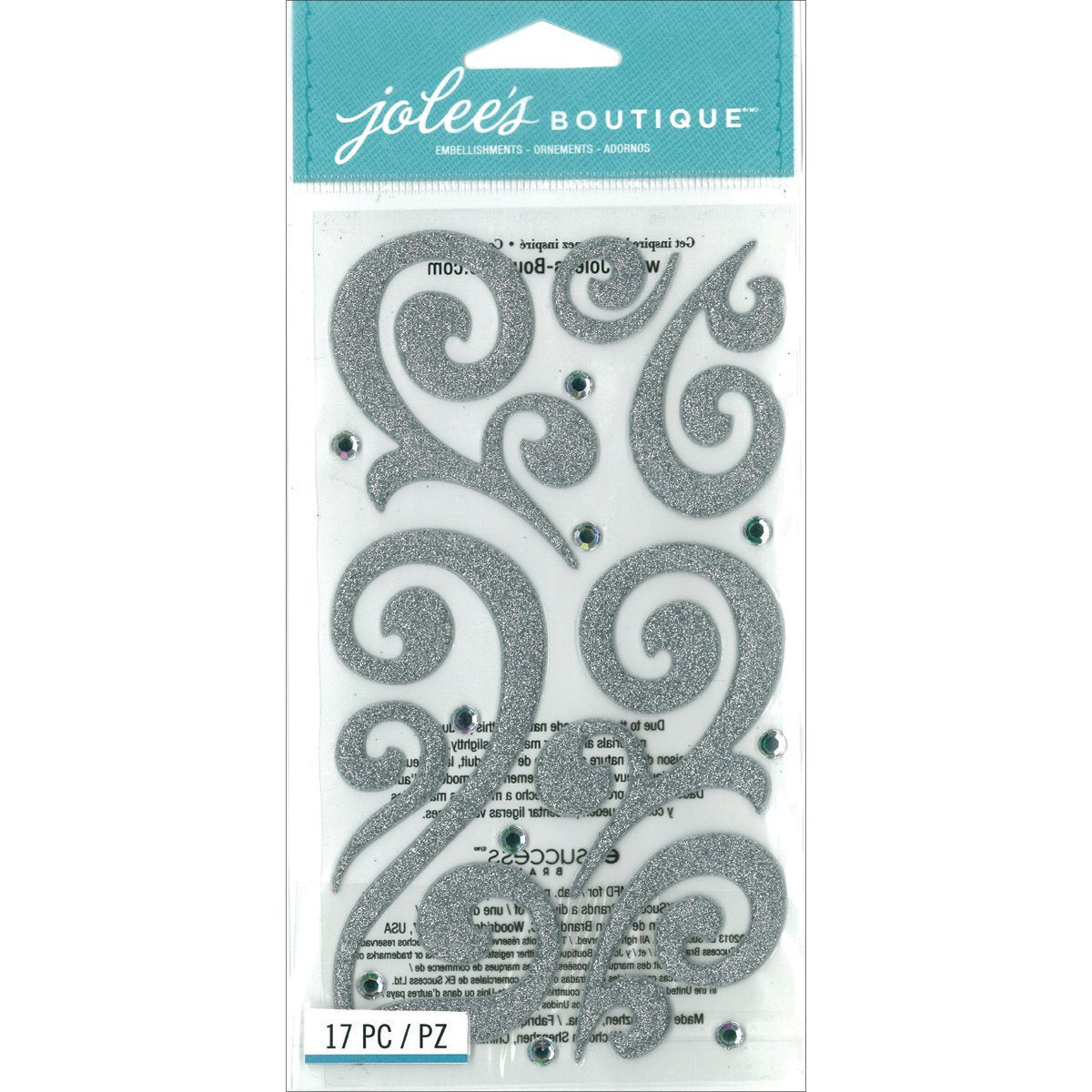 Jolee's Boutique - Silver Puffy Flourish with Gems Stickers