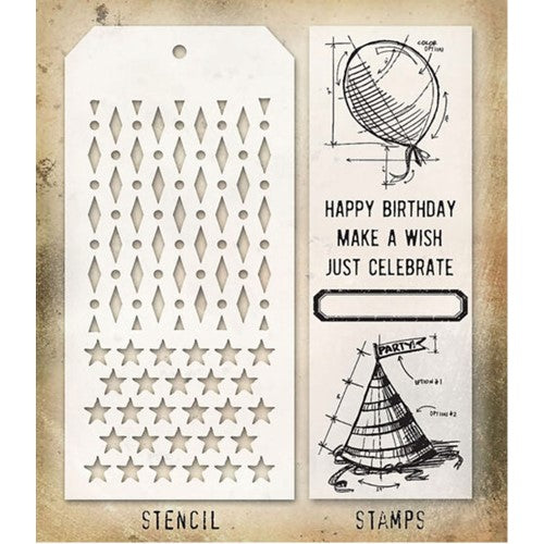 Stampers Anonymous - Tim Holtz - Birthday Stamps with Diamond Dots and Stars Stencil (THMM143)