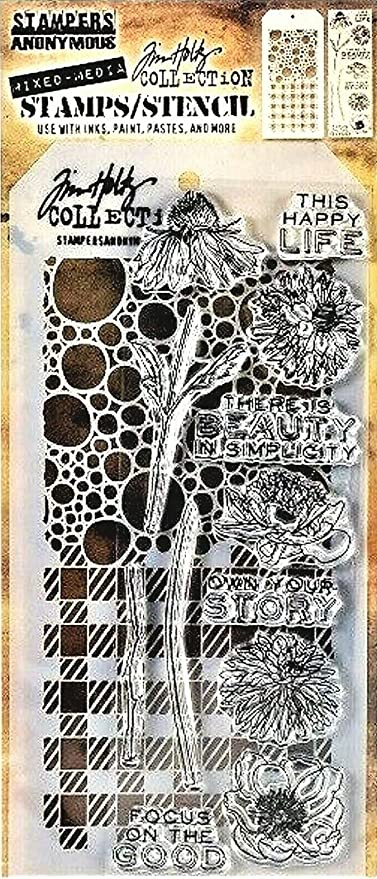 Stampers Anonymous - Tim Holtz - Flower Stamps with Bubbles and Gingham Stencil (THMM124)