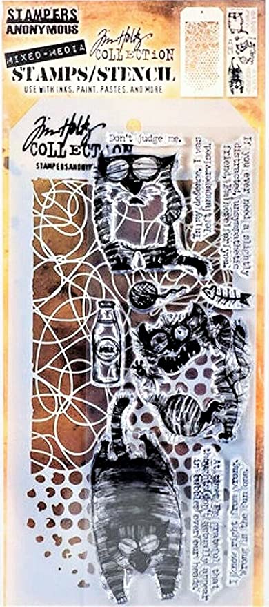 Stampers Anonymous - Tim Holtz - Snarky Cat Stamps with Doodle and Bubble Stencil (THMM110)