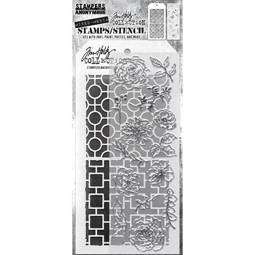 Stampers Anonymous - Tim Holtz - Floral Elements Stamps with Linked Circles and Linked Squares Stencil (THMM161)