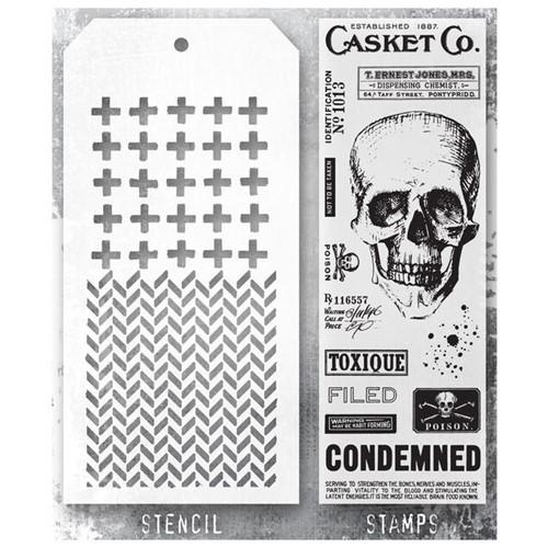 Stampers Anonymous - Tim Holtz - Rest in Peace Stamps with Herringbone and Plus Stencil (THMM148)