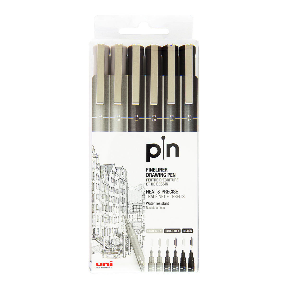 Uni Mitsubishi - Pin Fineliner Drawing Pen - Light Grey/Dark Grey/Black